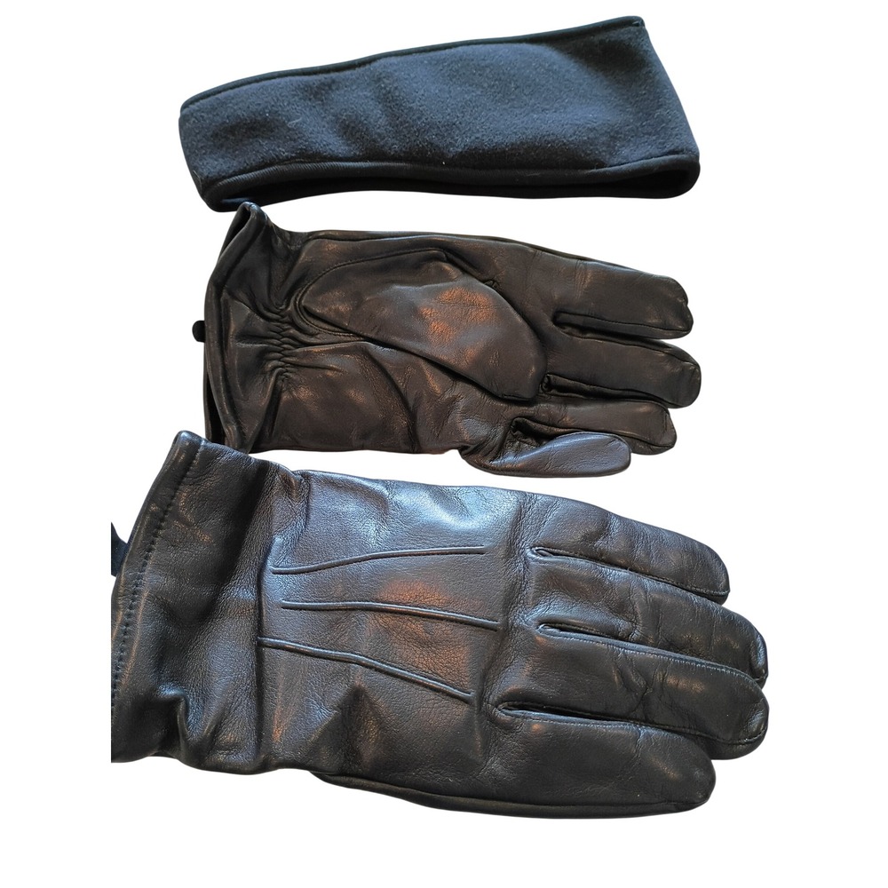 Mens Black Leather Gloves and Fleece Headband Set XL 66495 M01 Winter Bundle